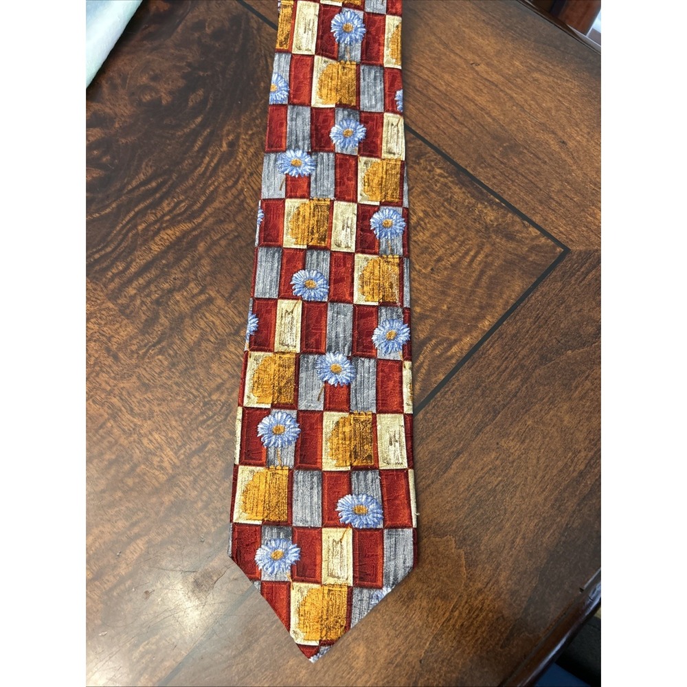 Ermenegildo Zegna Silk Tie Red Gold Geometric Floral Grid Italy Luxury Neckwear